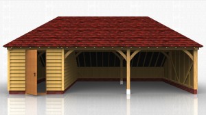 3 bay oak framed garage with 2 open car spaces and one bay enclosed to form a workshop / store.