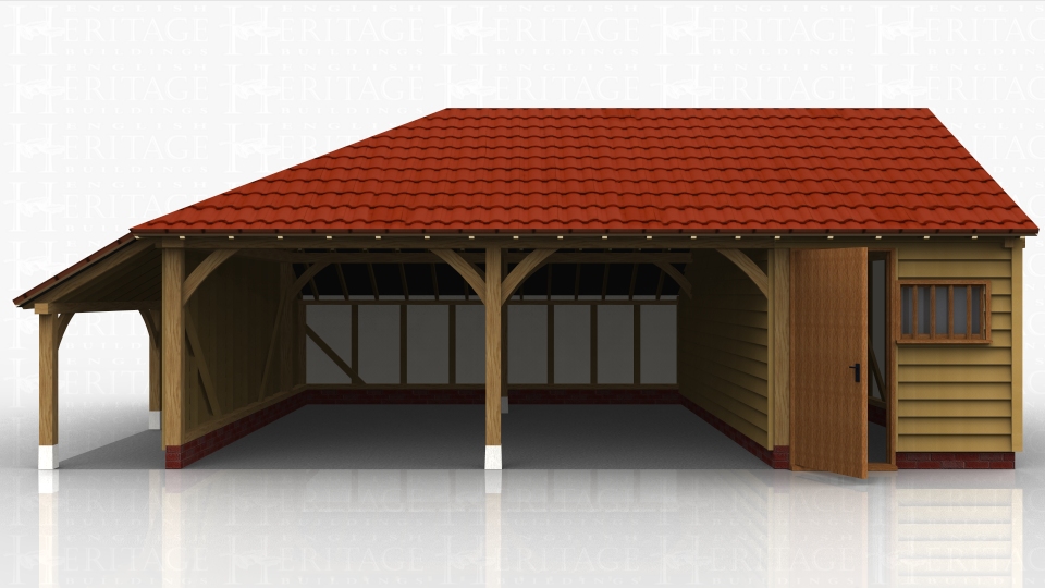 Three bay garage with logstore on one end. Two open car parking bays and one bay enclosed to form a secure workshop.