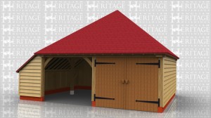 2 bay oak garage with one bay secured with garage doors and a partition.