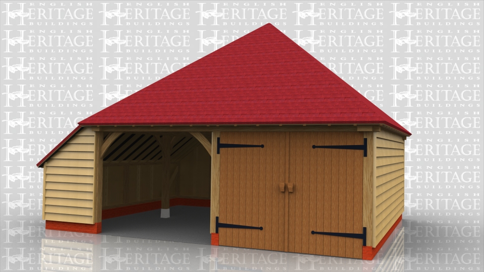 2 bay oak garage with one bay secured with garage doors and a partition.