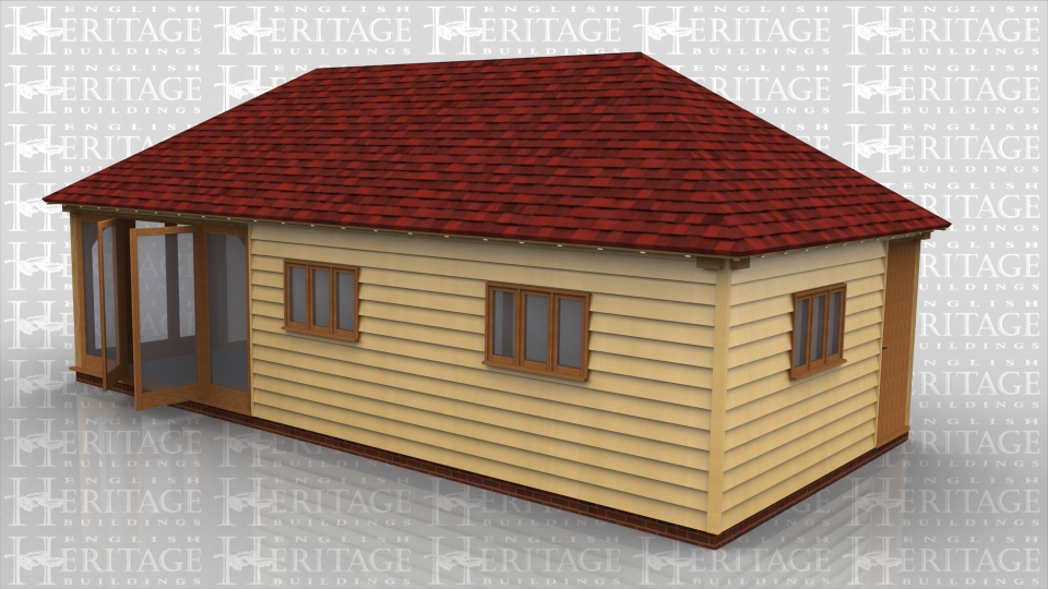 Oak framed garden room or hobbies room with full height glazing one end and enclosed with smaller windows and door at the other.