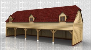 A five bay oak framed garage with first floor. All 5 bays are open and an internal staircase would be used to access the first floor. The frame is a sling brace design which gives more usable space on the first floor. There are also three dormers to the front and 3 rooflights to the rear.