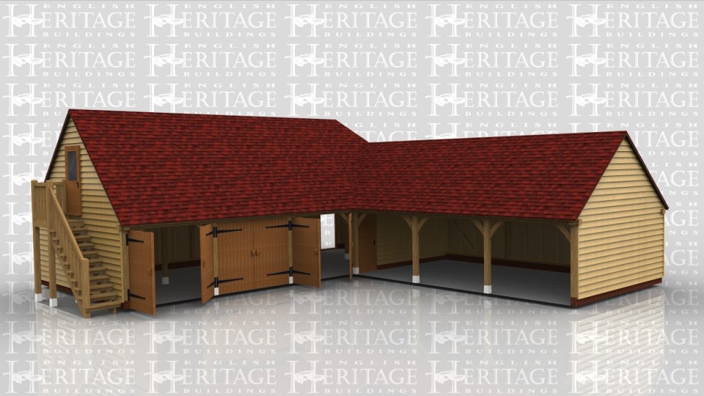 An 'L' shaped complex comprising of a 5 bay garage with upper floor and a 3 bay open car shelter. The five bay garage is secured with 3 sets of garage doors and partitions containing single doors. The first floor is accessed via an oak external staircase.