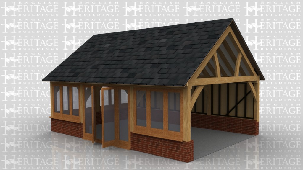 Three bay garden room extension to a house sitting on a dwarf cavity brick wall. Glazing along 2 sides and the third side has weatherboard with insulation and plasterboard on the inside. There are also 3 feature trusses in the roof.