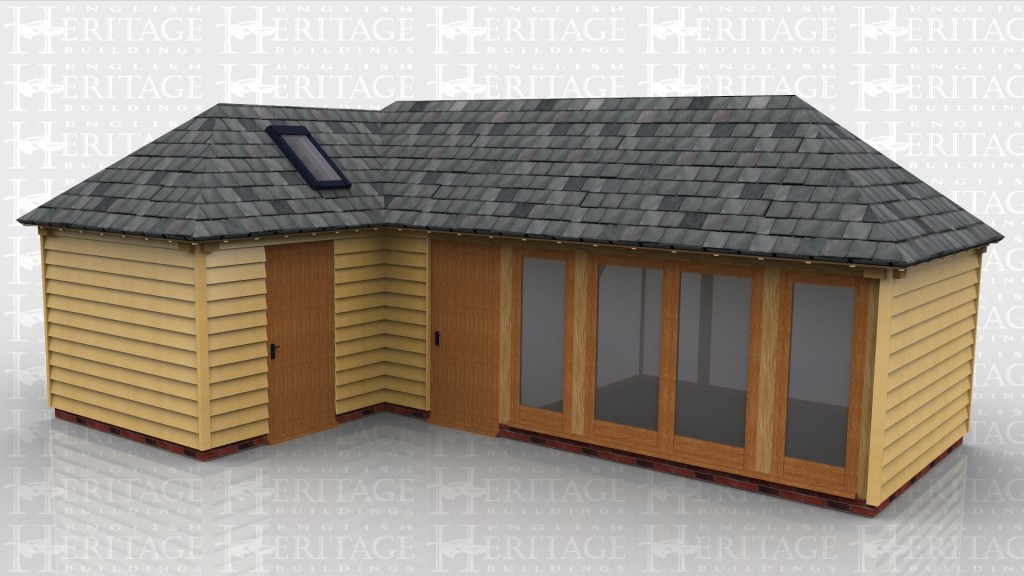 An 'L' shaped building split into three sections. One is a single bay garage with garage doors, the second is a small garden store and the third is a small sun room with an opening glazed unit at the front.