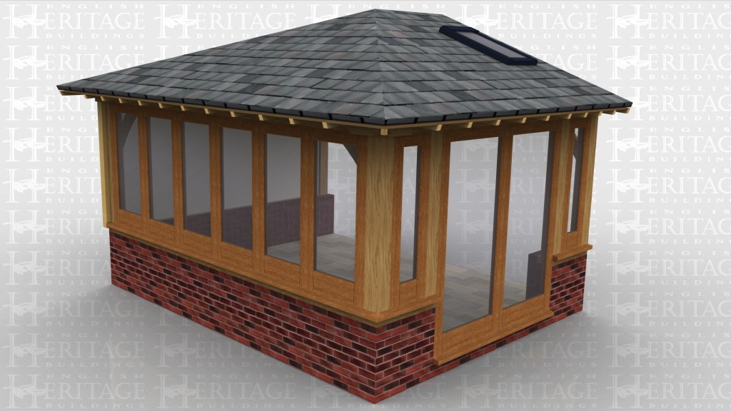 A small garden room extension with two sides of glass and the third with weatherboard. All the glazing, apart from the doors, sits on a dwarf cavity brick wall. The building has a low pitched roof with slates and two rooflight.