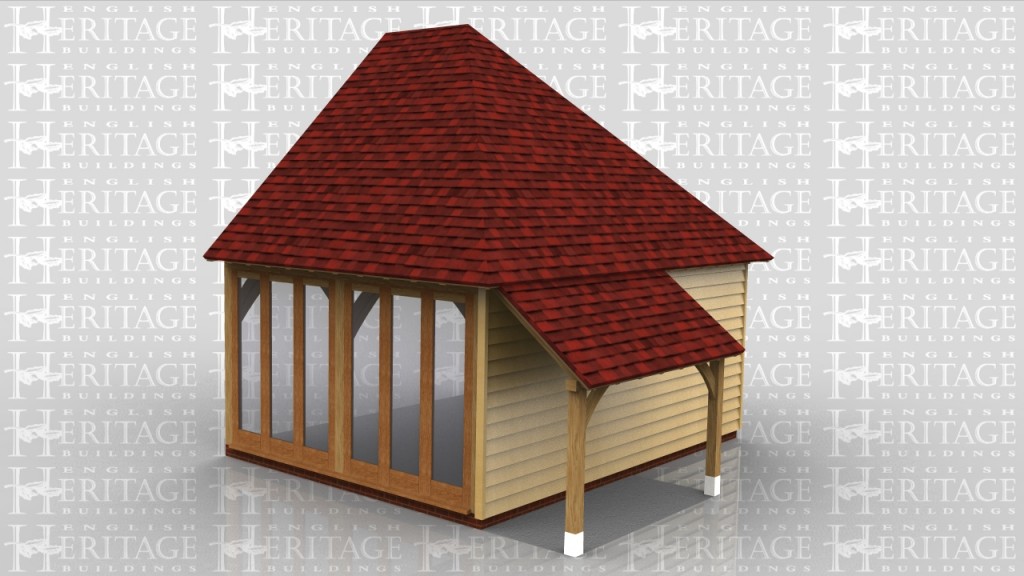 A 2 bay extension with full height glazing on one side and the other sides are weatherboarded. The roof is a warm roof which exposes the oak rafters inside and it has a feature truss against the house. There is also a small logstore on the side.