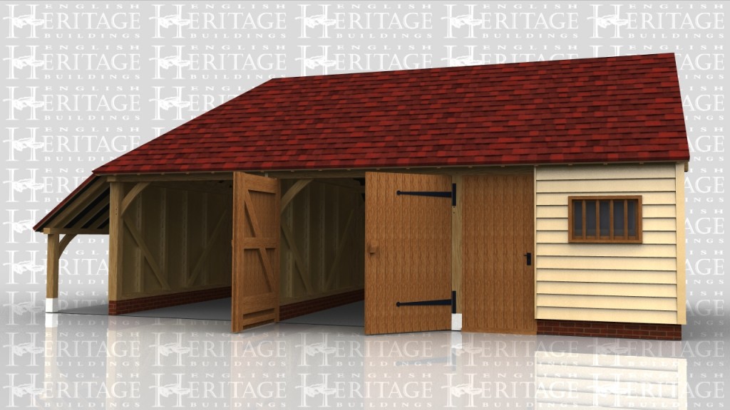 A three bay garage with a hip end and logstore on the left. It has one open bay and two enclosed, one with garage doors and the other with a side to side partition which has a single door and mullion window in it.