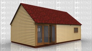 A 3 bay enclosed leisure building split into two rooms with a single door between the two. One bay has a full height glazed unit with central doors and there are three 3 light casement windows.