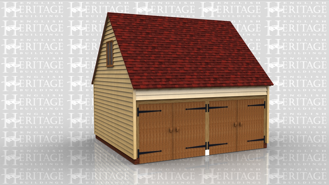 two bay raised plate with the ground floor enclosed with 2 pairs of garage doors.