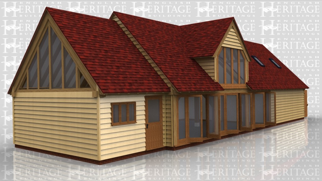 This oak framed house was designed for a customer in Herefordshire and is comprised of two different frames. The first frame has five bays, three of which have full length glazing to the front, and the other two are enclosed garage bays, accessed via two sets of garage doors to the right hand side. The three glazed bays have three sets of opening garden room windows to the front, and a barn entrance with a gable roof end with four full length windows. The roof has trimming for two rooflights. The smaller frame to the left hand end is a single bay with a glazed gable end to the left and a half glazed door to the front, as well as a mullion window.