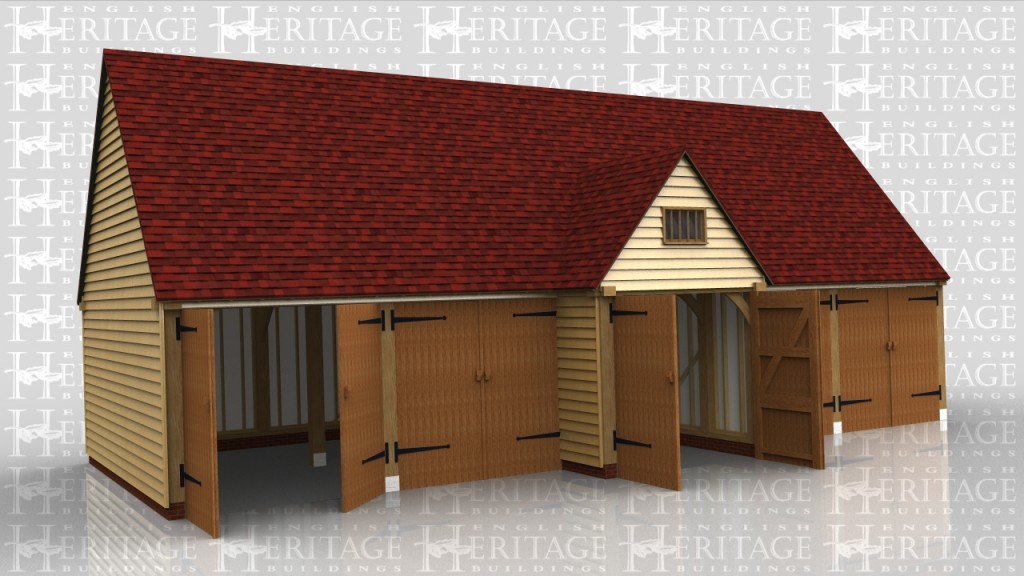This 5 bay garage block is attached to an existing building one end and from the front looks like five garage bays all with garage doors. In fact the centre bay has a projecting barn entance on both the front and the rear and is in fact a drive through.