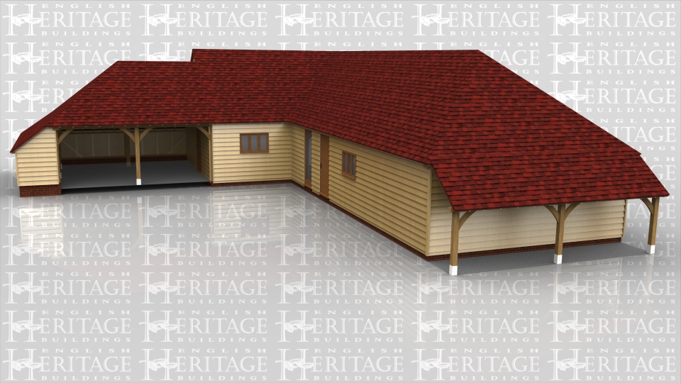 This oak framed complex was designed for a customer in Kent and is formed of three different frames. The first frame is a two bay open garage with an enclosed store to the side. The second frame is a three bay link with a set of garage doors to the rear, attached to a three bay building with a solid single door to the front and four full length opening garden room windows to the rear, along with a set of garage doors. To the right hand end there is also an open logstore.