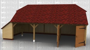 This oak framed garage has two open bays and one enclosed. The enclosed bay is accessed via a pair of garage doors to the front. The left side of the garage has an enclosed logstore.