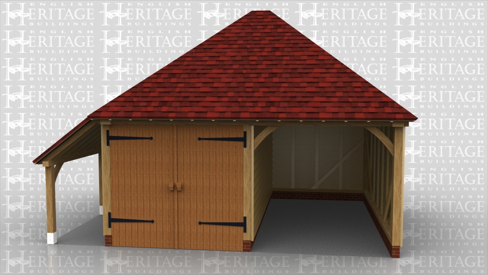 This two bay oak framed garage has one enclosed bay and one open bay. The enclosed bay is accessed via a set of garage doors to the front of the building. There is also an open logstore to the left of the building.