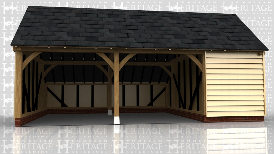 This oak framed garage has three bays; two are open and one is enclosed.The enclosed bay is accessed via a single door to the right hand side, and has a two pane window. There is an enclosed logstore to the rear of the building, which becomes an open logstore at the end bay.