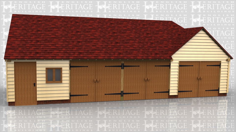 This oak framed garage is made up of two different frames. One is a three bay garage with one bay to be used as a store or workshop, accessed by a single door to the front and the other garage bays accessed by a set of garage doors to the front of the bay. The other frame is a two bay garage with the garage doors on the left hand side, with a gable end.