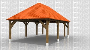 This oak framed car port is open on all sides and has three bays.