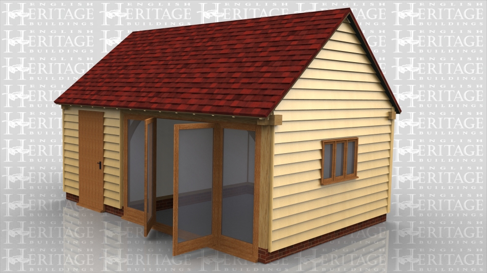 This oak framed home leisure building has two bays, one storage bay accessed via a single door to the front, and another larget bay for use as a workshop, with full length opening garden room windows to the front and a three pane window to the side.