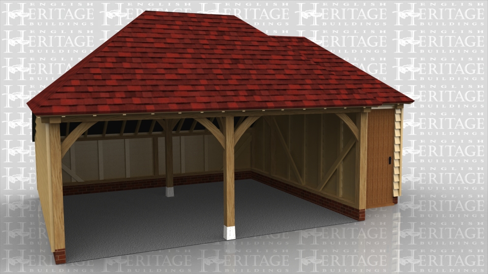 This oak framed garage has two open garage bays and an enclosed logstore to the rear. There is a also a smaller single bay store attached to the right and accessed via a single door to the front.
