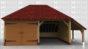 This oak framed garage has two bays; one open and one enclosed. The enclosed bay is accessed via a set of garage doors to the front and there is an open logstore to the right hand side.