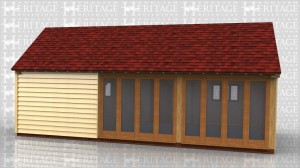 This oak framed home leisure building has three bays, with a single door and two mullion windows to the front. To the rear there are two sets of four-pane full length garden room windows and an opening pair to the left hand side.