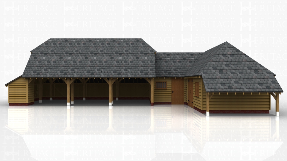 This oak framed complex has a three bay open garage, a link building, and a one bay garage with a store. The three bay garage is open to the front and has an enclosed store to the rear and the left side. The small link building is accessed via a single door to the front and also has a mullion window. The one bay garage has an enclosed bay next to the link building which is designed for storage, and the garage is accessed via a set of garage doors to the front and has a mullion window. There is also an open logstore to the right hand side.