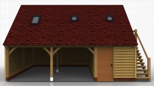 This oak framed garage has two open bays and one enclosed. The enclosed bay is accessed via a single door to the front and is designed to be used as a store. The first floor is accessed via an external oak staircase and there is a half glazed door to the right hand side. There are also trimmings for three rooflights.