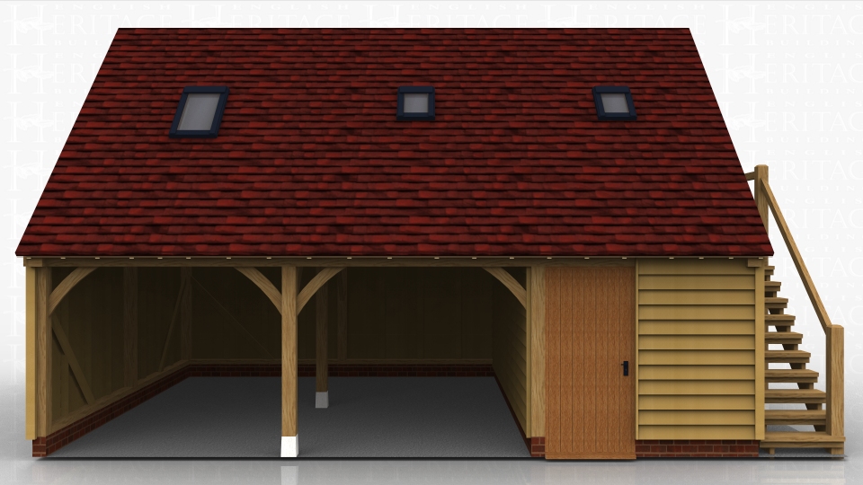 This oak framed garage has two open bays and one enclosed. The enclosed bay is accessed via a single door to the front and is designed to be used as a store. The first floor is accessed via an external oak staircase and there is a half glazed door to the right hand side. There are also trimmings for three rooflights.
