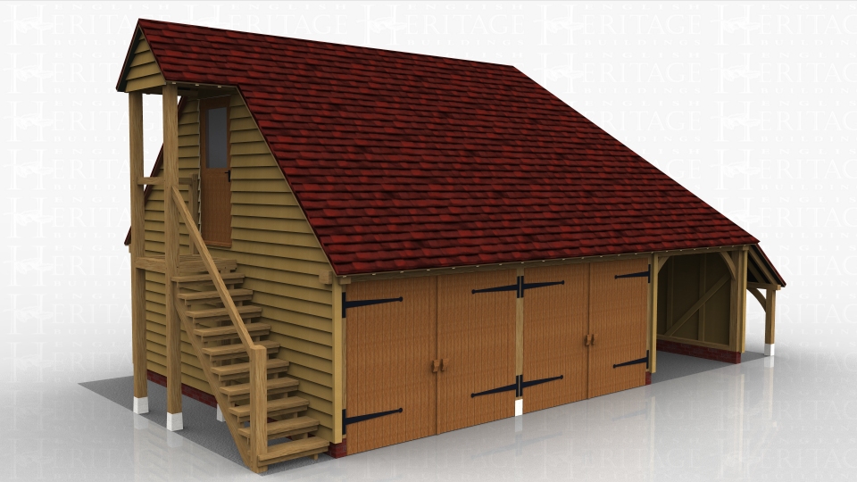 This oak framed two storey garage has two enclosed bays and one open bay. There is an open store to the right hand side. The first floor is accessed via an external oak staircase and there is a half glazed door, with a small porch to cover the staircase.There is trimming for one rooflight on the right hand side.