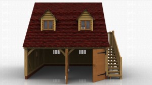This is a two bay oak framed garage with room above. The ground floor has 2 garage bays, one open fronted and the other enclosed by a partition and a pair of garage doors. There are 3 mullion windows in the garage areas. There is an external oak staircase leading to a half glazed single door which accesses the first floor. There are 4 dormer windows suitable for two pane casement windows and a 3 pane escape casement window in the gable end.