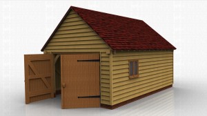 This oak framed garage has a single bay. The garage is accessed via a set of garage doors on the left hand side, and there are two pane windows to the front and to the right side.