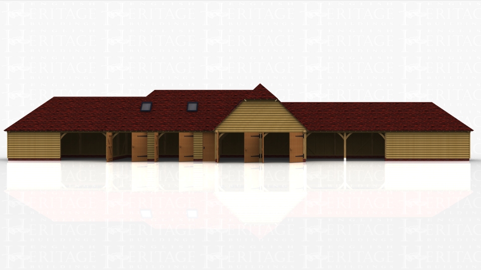 This oak framed complex is formed of four different buildings. The first is a two bay garage with one bay open and one enclosed. The enclosed bay is accessed via the open bay. The second building is a two bay garage with both bays enclosed and accessed via standard garage doors, with trimming for two rooflights. There is also a single door to the right hand bay.The centre building is a two bay enclosed garage with two sets of garage doors to the left hand side and trimming for a rooflight. The final building is a four bay garage or store with two open bays and two enclosed, accessed via the open bays.