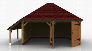 This oak framed garage has two bays, one open and one enclosed. The enclosed bay is accessed via a set of garage doors to the front. There is also an open logstore to the left side.