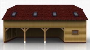 This oak framed building uses a sling brace frame in order to raise the eaves height.The building is formed of four bays, three open and one enclosed. The enclosed bay is accessed via a single door to the front and a mullion window. The three open bays are enclosed to the front and open to the rear, and each bay has a two pane window on the first floor. There are four full length garden room windows on the first floor to the left hand side, and trimmings for four rooflights.