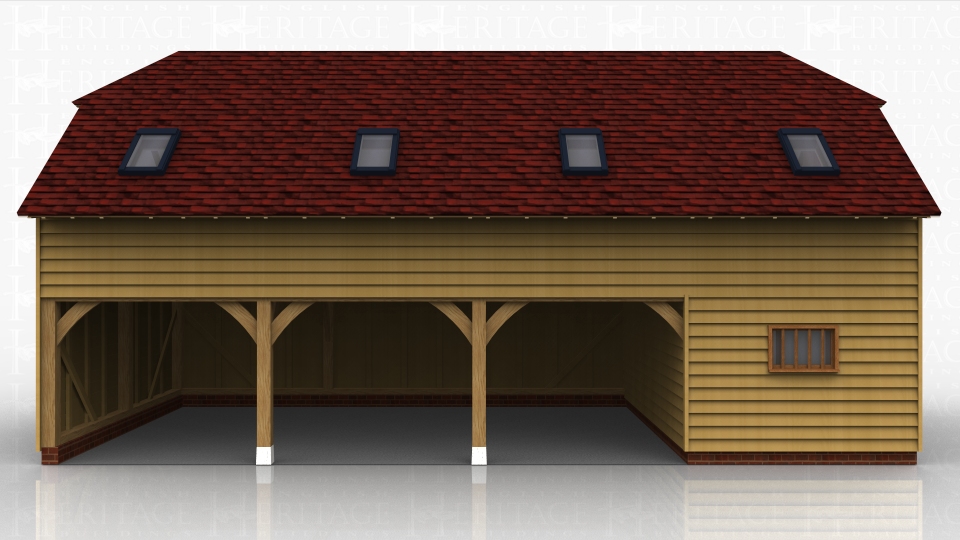 This oak framed building uses a sling brace frame in order to raise the eaves height.The building is formed of four bays, three open and one enclosed. The enclosed bay is accessed via a single door to the front and a mullion window. The three open bays are enclosed to the front and open to the rear, and each bay has a two pane window on the first floor. There are four full length garden room windows on the first floor to the left hand side, and trimmings for four rooflights.