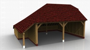 This oak framed garage has two open bays. There is also a logstore to the left side which is enclosed to the rear and open to the front.