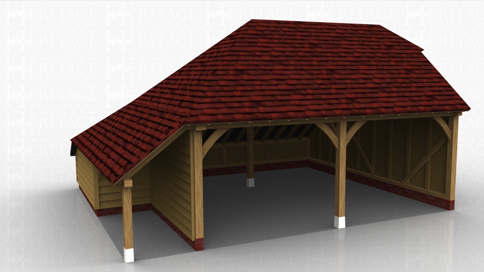 This oak framed garage has two open bays. There is also a logstore to the left side which is enclosed to the rear and open to the front.