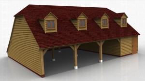 This oak framed four bay garage has three open bays and one enclosed bay. The enclosed bay is accessed via a single door to the front and is designed for storage. The first floor is accessed via a hatch in the enclosed bay and has four dormers to the front, each with a two pane window. There is also an enclosed store to the rear.