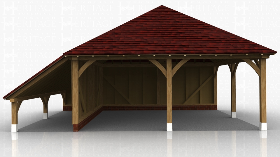 This oak framed garage has two open bays and is left open to the right hand side. On the left side there is an open logstore.
