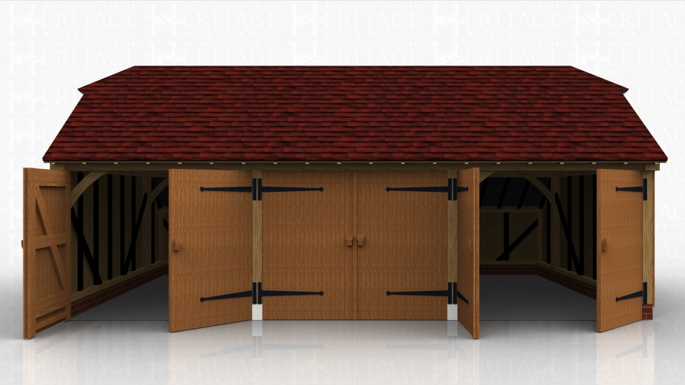 This oak framed garage has three enclosed bays, each accessed via a standard garage door to the front. There is an enclosed logstore to the rear of the building.