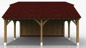 This oak framed garage building has two open bays and is also open to the left and right sides.