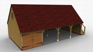 This two storey oak framed garage has four bays, one enclosed and three open. The enclosed bay is accessed via a set of garage doors to the front of the building.The first floor is accessed via an external oak staircase on the right hand side and a half glazed door. There is also a two pane window on the left hand side of the first floor.