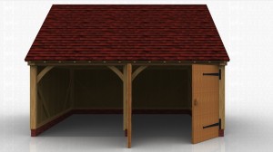 This oak framed garage has two bays; one is open and the other is enclosed. The enclosed bay is accessed via a set of garage doors to the front of the building.