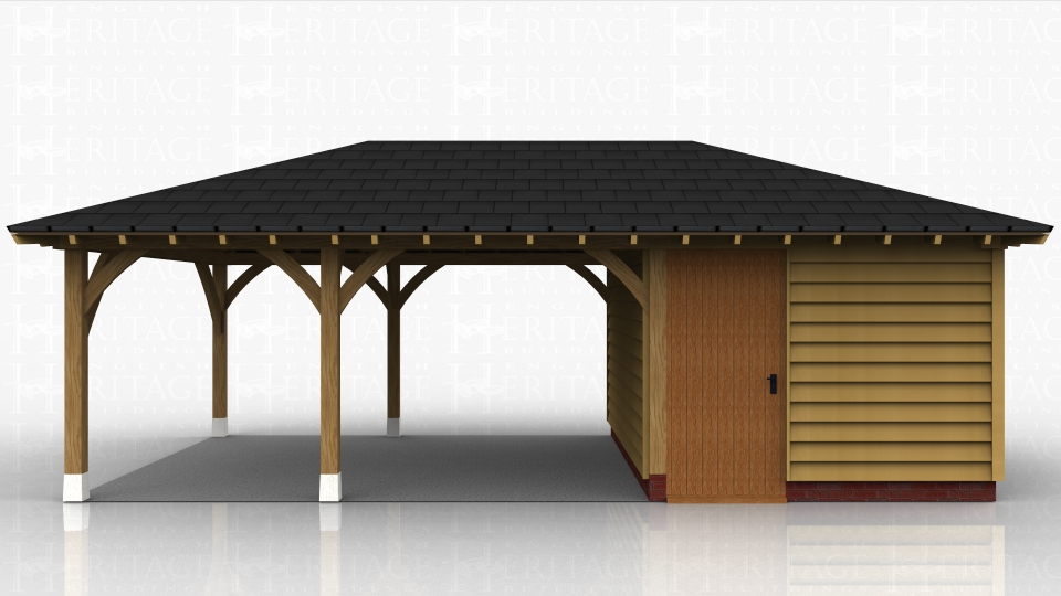 This oak framed garage has three enclosed bays; two of these are accessed on the right hand side of the building, as one is open and the other has a set of garage doors. The bay to the left is accessed by a single door and has a first floor window. There is also an open logstore to the left. There are trimmings for two rooflights.