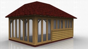 This oak framed garden room has full length glazing to the left hand side and to the front of one bay, with a solid wall to the right and two three pane windows to the front. The frame is designed to be attached to an existing building at the front.