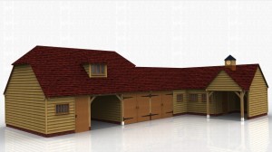 This oak framed complex is comprised of a three bay garage, a two bay link building, and a three bay store. The garage has two enclosed bays, with the left accessed via a single door to the front, and with a mullion window. This is bay is designed to be used as a workshop. The next bay is open to the front and the right bay has a set of garage doors to the front. Upstairs on the first floor there is a dormer with a three pane window. The link building has two bays, with a set of garage doors to the front and a mullion window. The three bay store has two mullion windows to the front and the end bay is open to the front, with an open barn entrance to the front, with a clock tower on the roof.