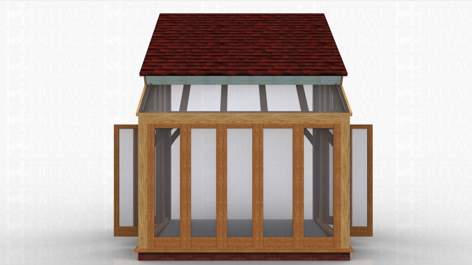 This oak framed home extension is formed of a single bay, with glazed gables on each end, designed to be attached to an existing building on the left hand side. The rear and sides are fully glazed with full length garden room windows, and the left and right sides both have a set of opening garden room windows.