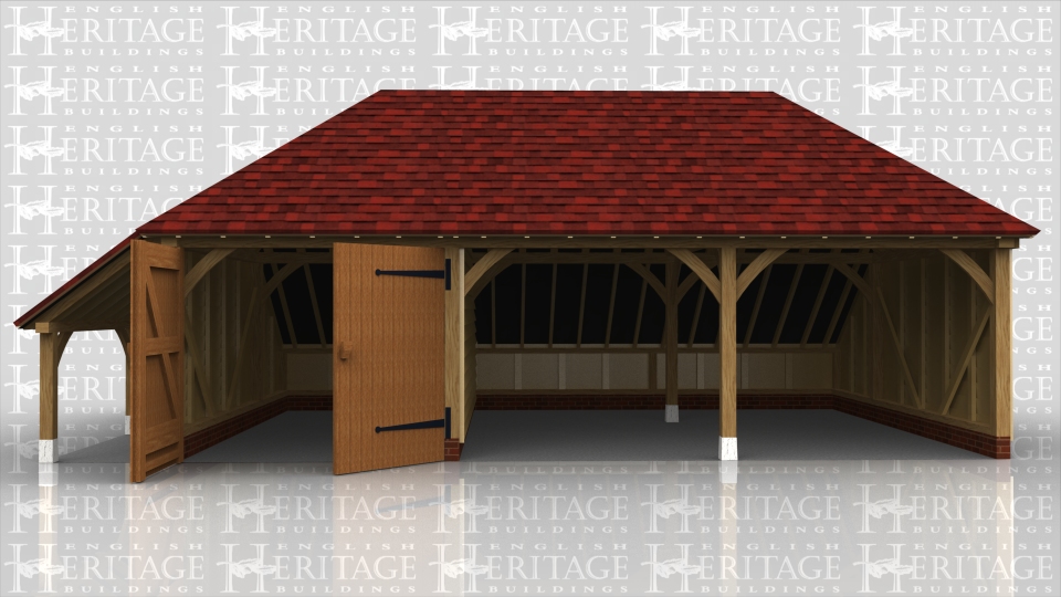 This oak framed garage has three bays; one enclosed and two open. The enclosed bay is accessed by a pair of garage doors to the front and there is an enclosed logstore to the rear. There is also an open logstore to the left hand side.