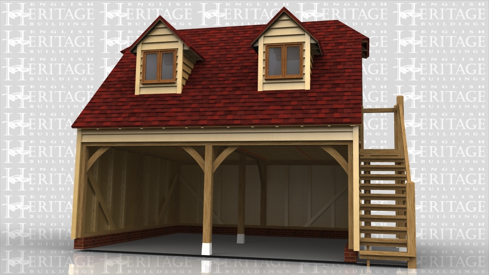 A 2 bay oak framed garage with open fronted bays and an upper floor on a raised plate to give extra head room upstairs.The upper floor is accessed via an external oak staircase and has 2 dormer windows to the front of the building and barn hip roof ends.